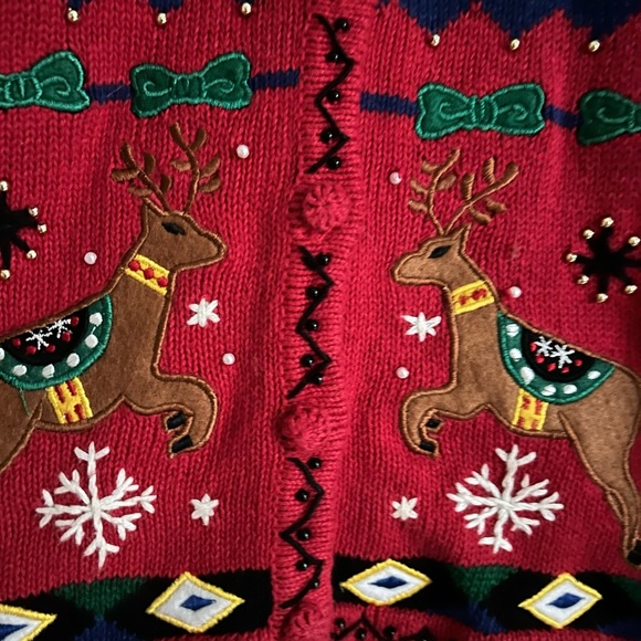 Vtg Designers Originals Red Rami Christmas Reindeer Embroidered Cardigan - Picture 15 of 16